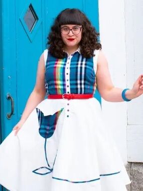 Unique Vintage - Plaid Tulip Flower Swing Dress w/ Belt - L 10/12
